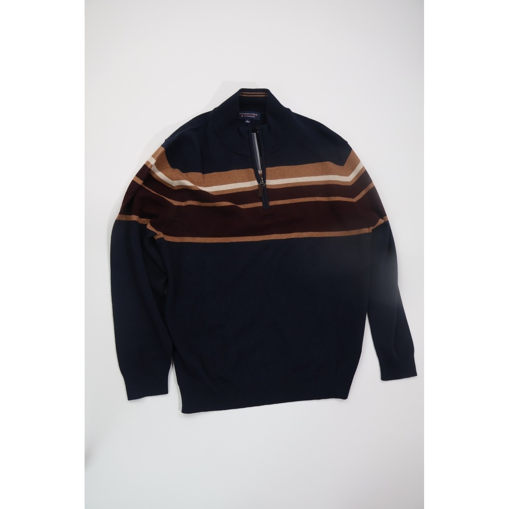 Roundtree & Yorke Sweater Quarter Zip Striped L Navy Blue Knit Casual